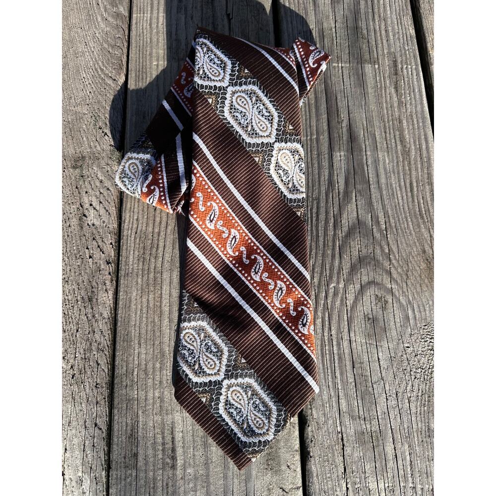 Vtg 70s SEARS The Mens Store Wide Tie Brown Orange Paisley Geometric Grandpacore
